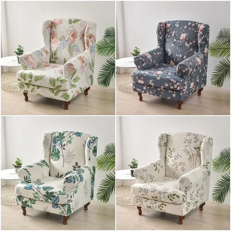 

Elastic Wing Chair Covers Floral Print Stretch Wing Back Slipcovers Spandex Relax Removable Sofa Cover with Cushion Cover