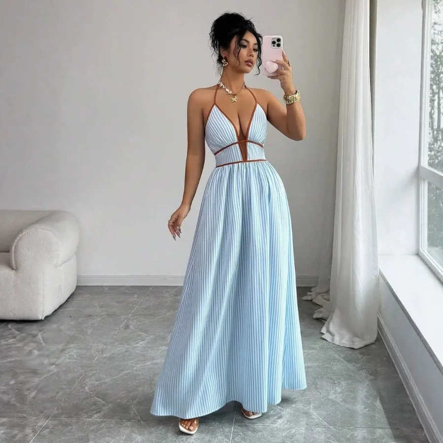 

Holiday style hanging neck deep V stripe dress contrasting color waist large swing elegant mop long dress for woman