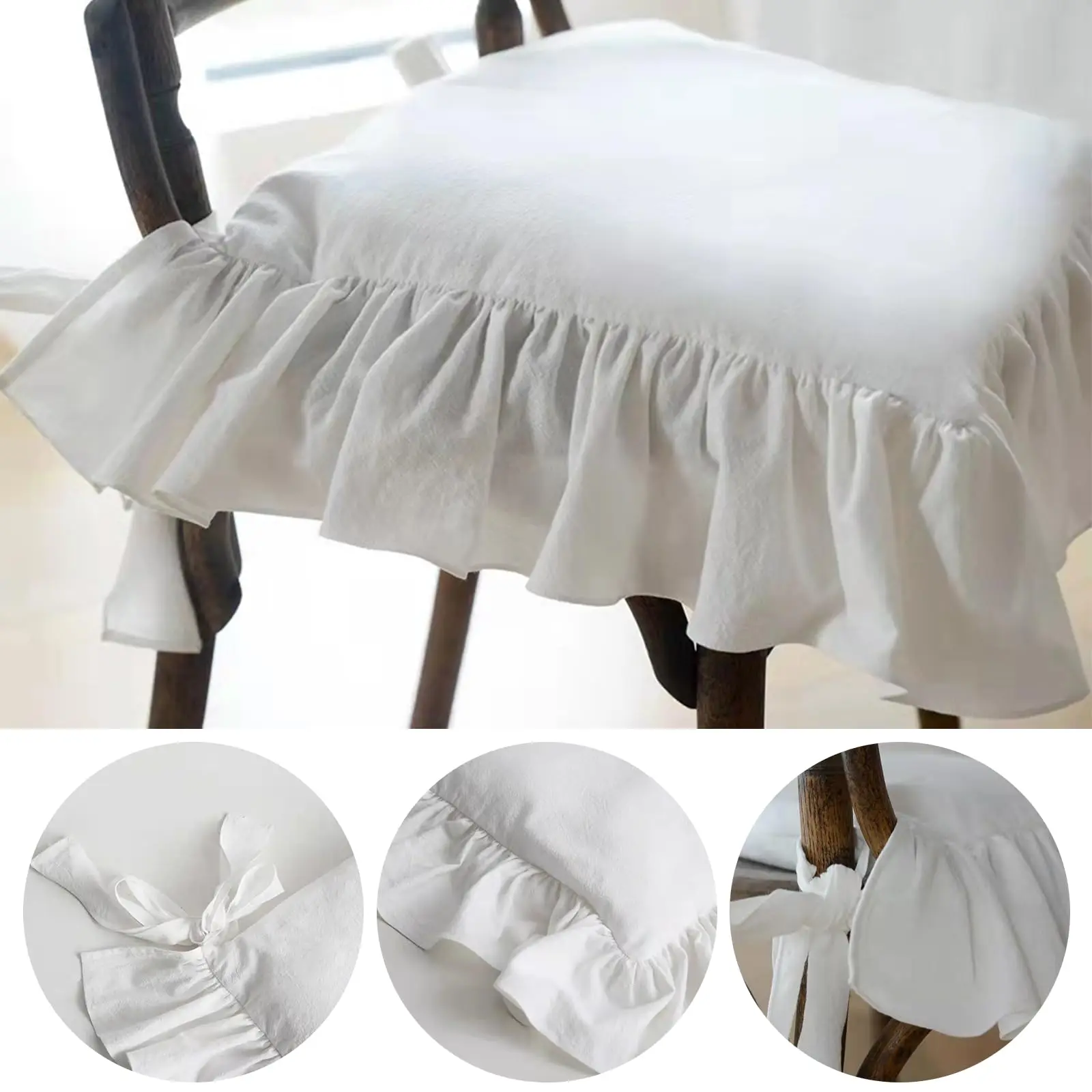 Cotton Chair Cover Solid Color Fabric Ruffled Stool Cushion Cover, Washed Fabric Padded Strap.
