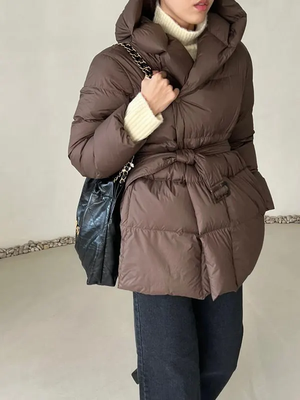 Women's Thickened Winter Cotton Jacket with Belt Waist Shaping Hooded Versatile Stylish Korean Style Long Sleeve Zipper Closure