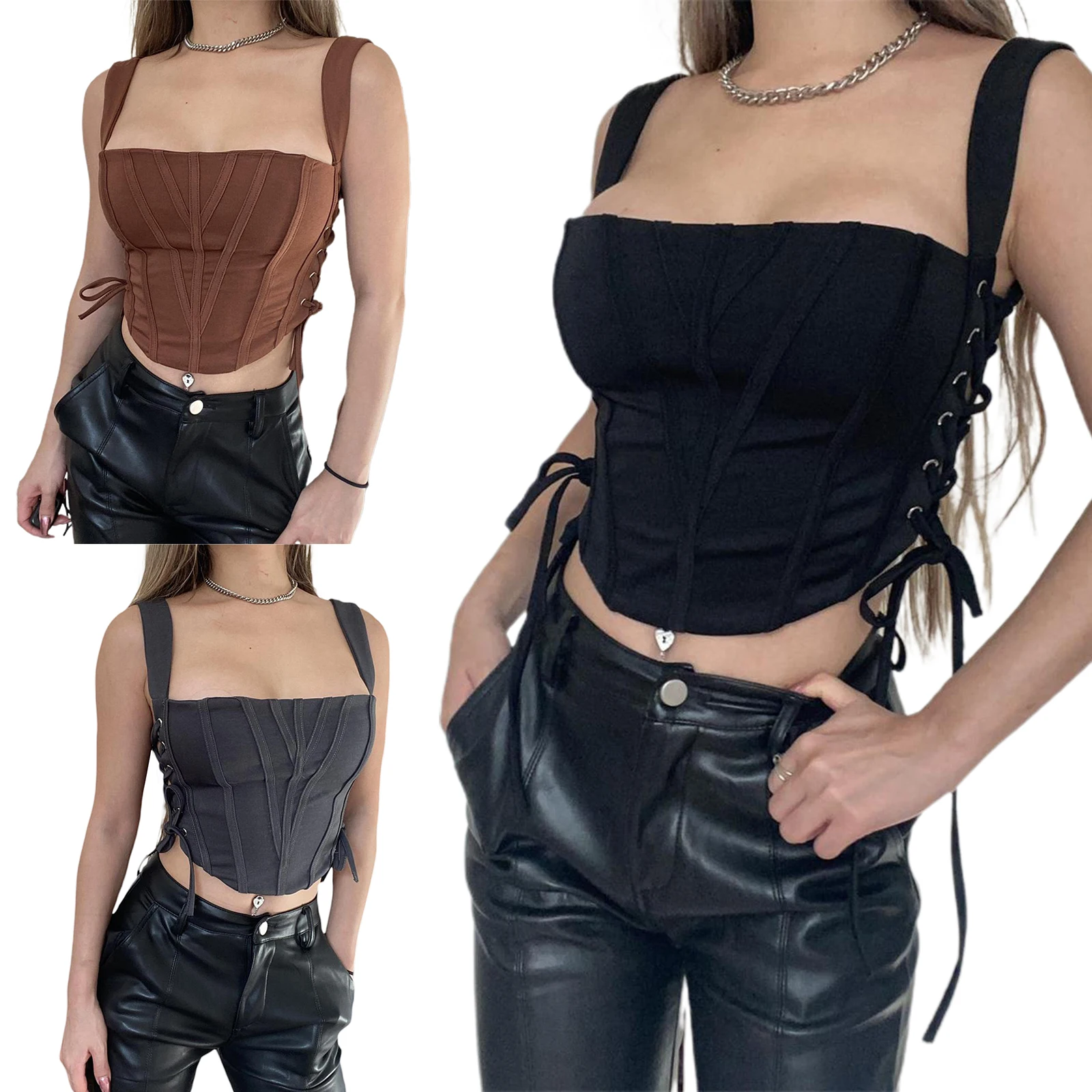 Women Sexy Clothes Crop Tops Summer T-shirts Corset Tie-Up Side Sexy Bandage Harajuku y2k Aesthetic Clothing Streetwear