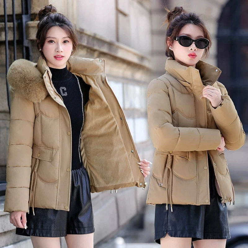 Women Winter Fur Collar Hooded Parka Fashion Velvet Lining Zipper Short Jacket Elegant Slim Warm Thick Female Down Cotton Coats
