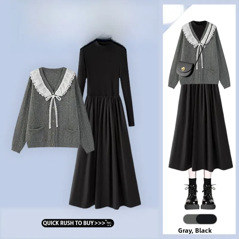 

New Lazy Sle Doll Collar Knitted Cardigan Top Waist Cinched Dr Two Piece Set Faionable Ele Student Work orm
