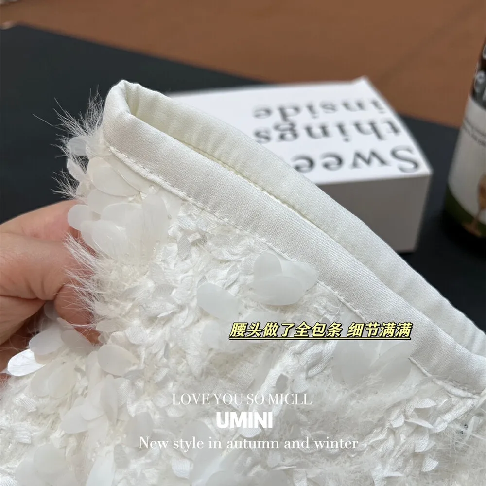2024 Women\'s Spring Fall High Waist A-Line White Sequin Skirt