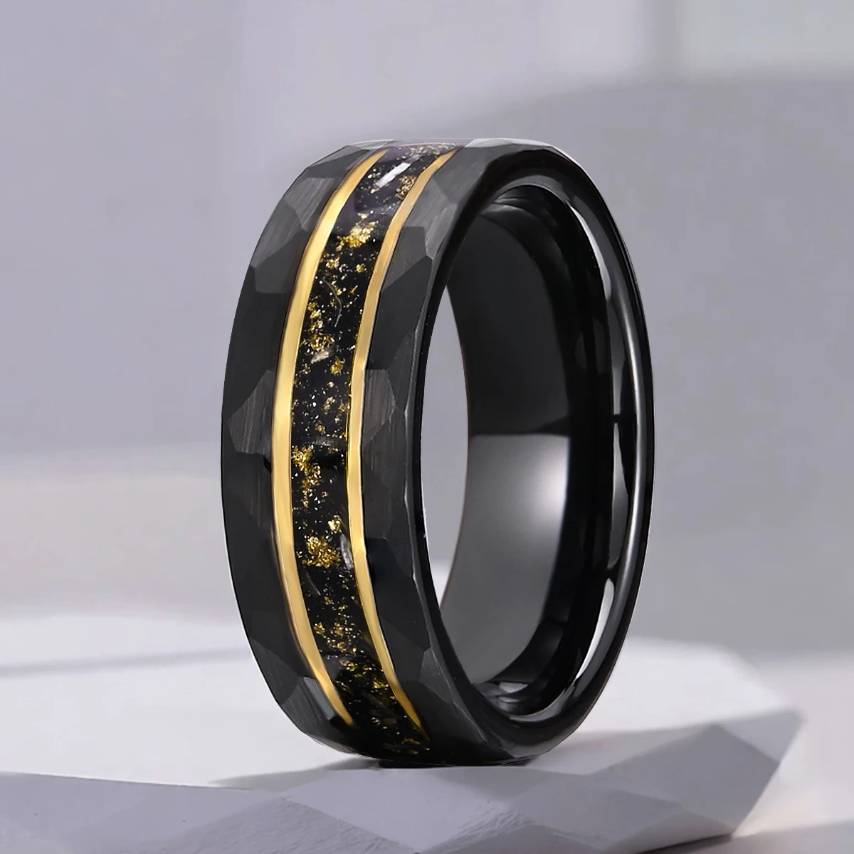 

Tungsten Carbide Rings for Men and Women 8mm Hammered Matte Brushed Golden Grooved Men‘s engagement Wedding Band