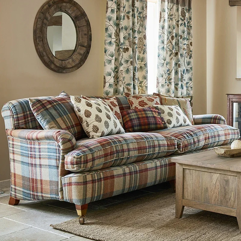 

Американский клетчатый тканевый диван для маленькой квартиры, гостиной, трехместный диван, прямой диван во французском стиле ретро