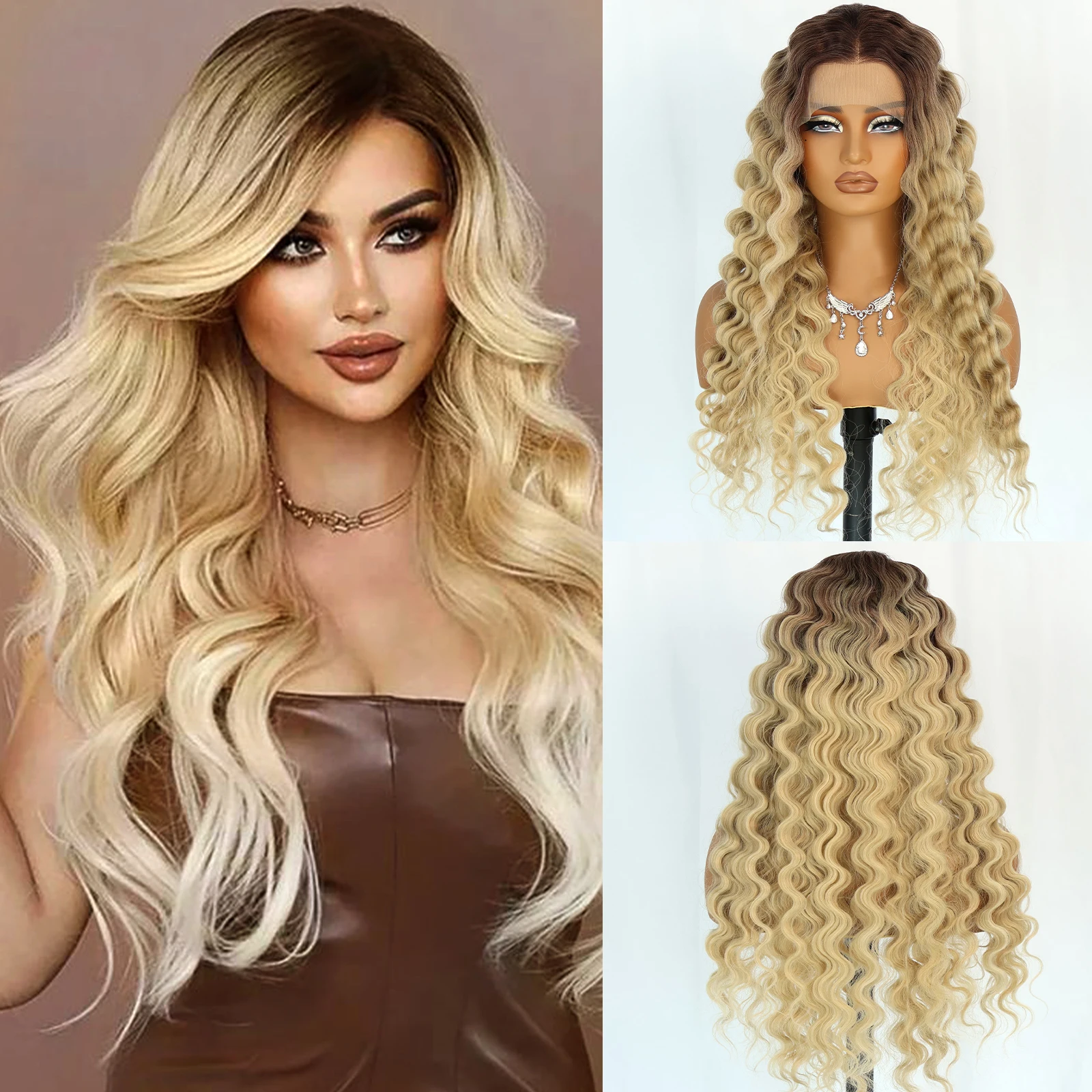 

Aubree Synthetic Lace Wigs 13*4 Lace Front Wigs For Women Combre Blonde Burgundy Color 28 inches 180% Density Wig Glueless