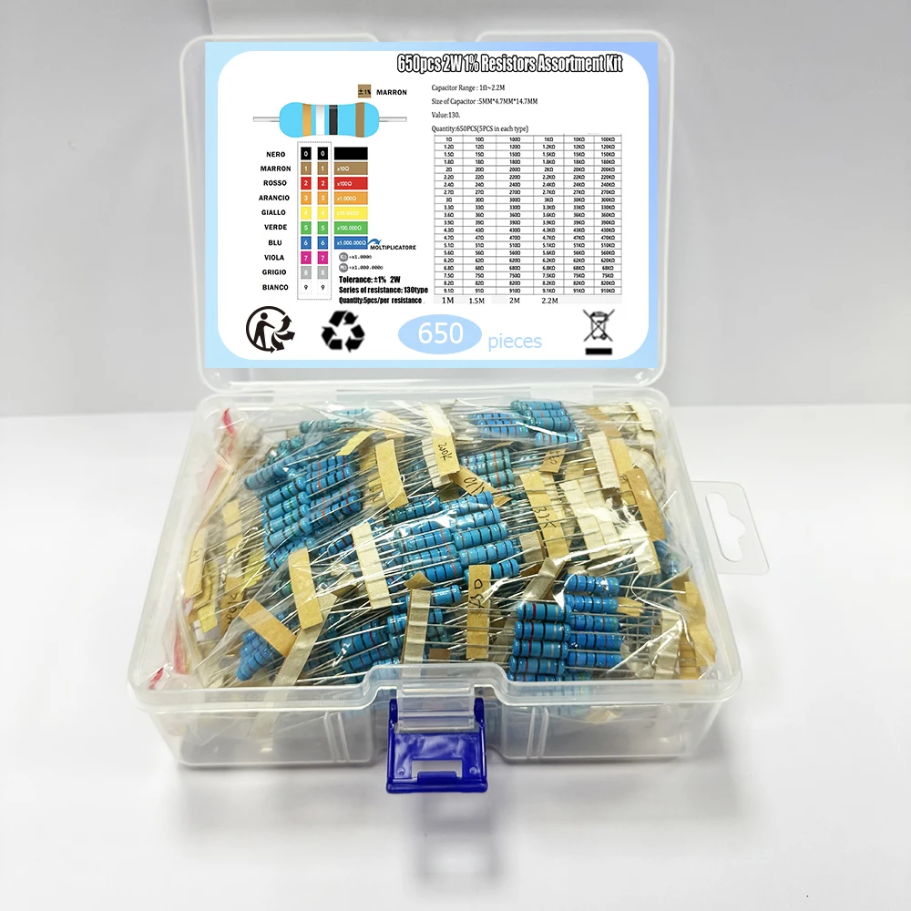 

650Pcs 2W 1% 1R-2.2M 130ValuesX5Pcs Metal Film Resistor Kit Set