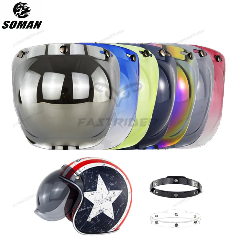Soman 3/4 Open Face Helmet Visors Bubble Shield Three Button Type Retro Motorcycles Windshield Casco Lens Helmets Accessories