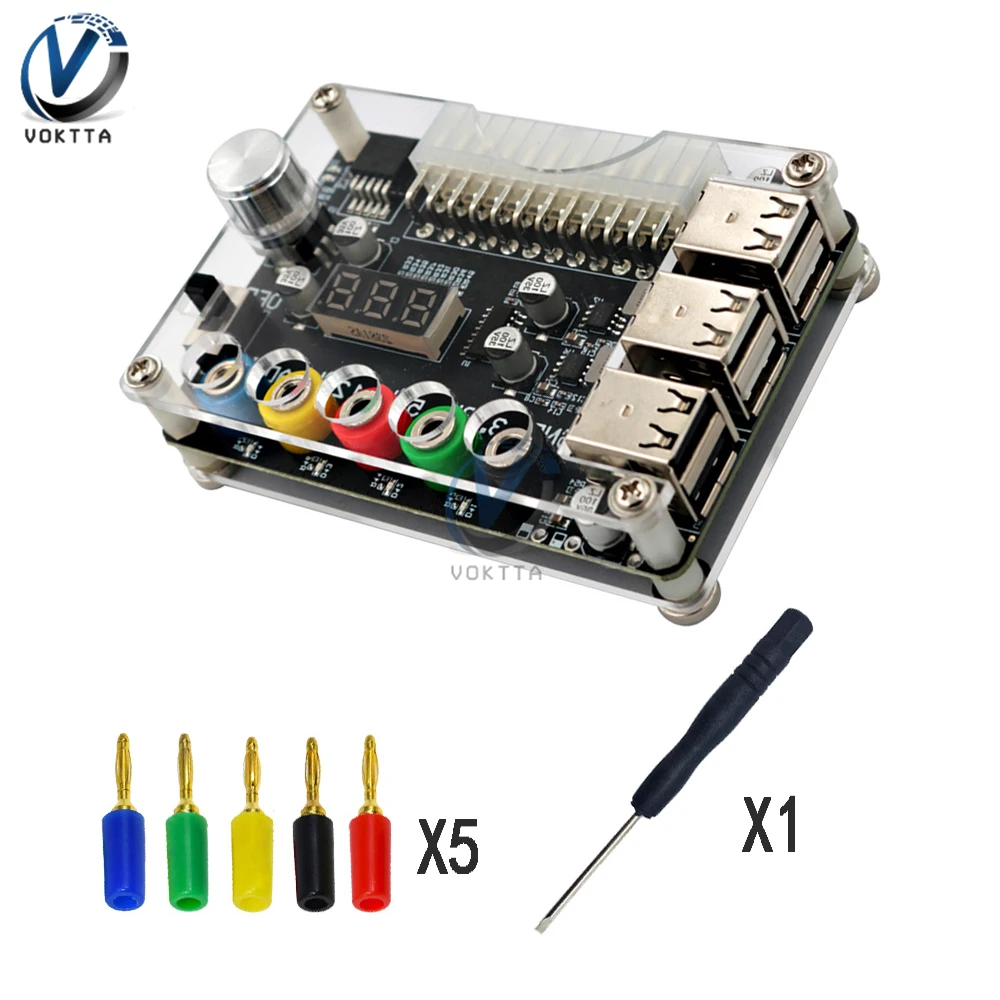 Placa de conexión de fuente de alimentación ATX, Módulo adaptador de fuente de alimentación USB 2,0 de 24 Pines, placa de transferencia de potencia de voltaje ajustable