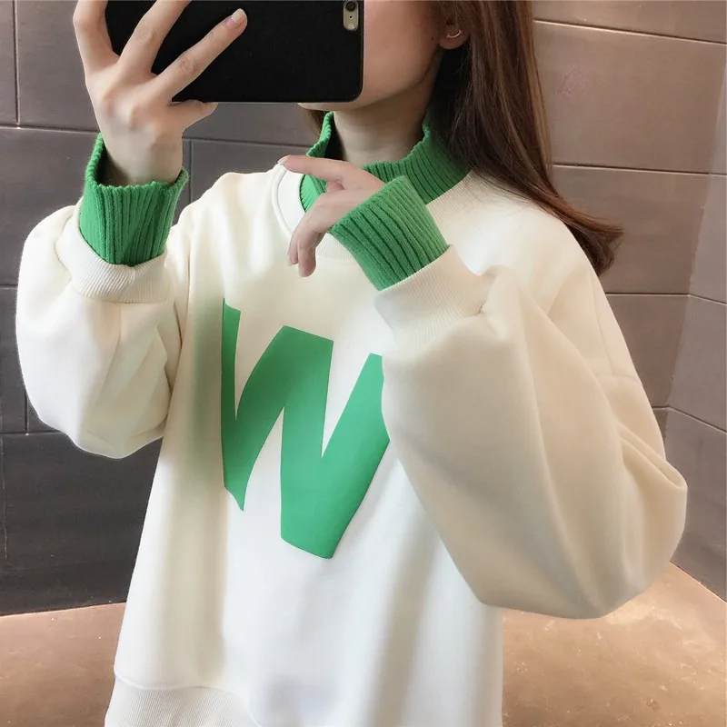 Hoodies Women Sweatshirts Mock Neck Autumn Winter Loose Korean Design Chic Velvet Thick Fake 2pecs Tops Female Streetwear Daily