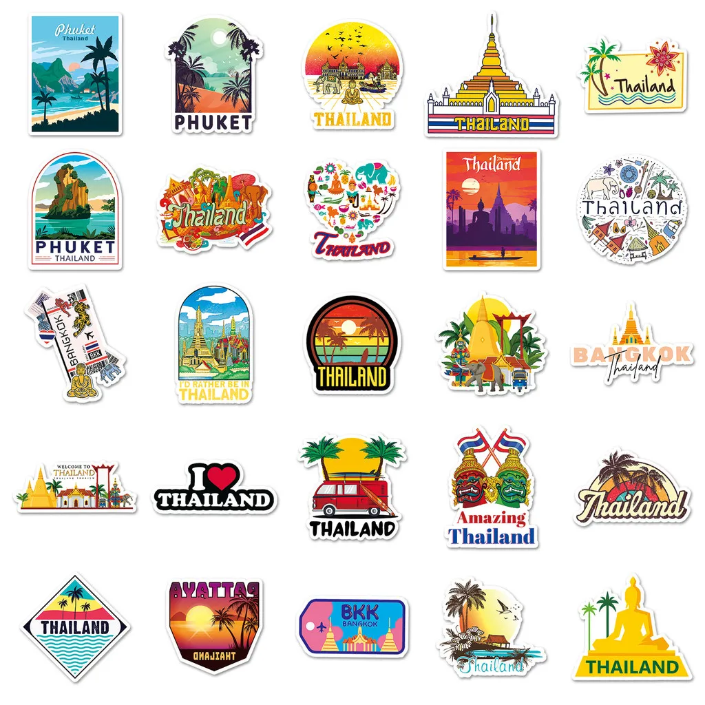 50 Pieces Thai Travel Scenery Handbook Stickers - Waterproof Decorative Decals for DIY Phone Cases BulingBulingStickers Store