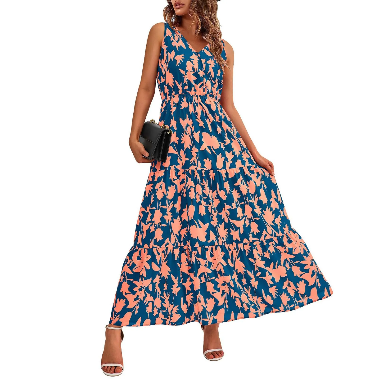 Women'S Flowing Dresses Summer New Casual Resorts Style Long Dresses Daily Date Sweet Floral V-Neck Comfy All-Match Tank Dress
