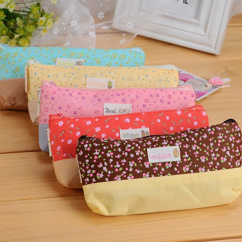 Cute Kawaii Floral Flower Canvas Zipper Pencil Cases Lovely Fabric Flower Tree Pen Bags School Supplies Free shipping