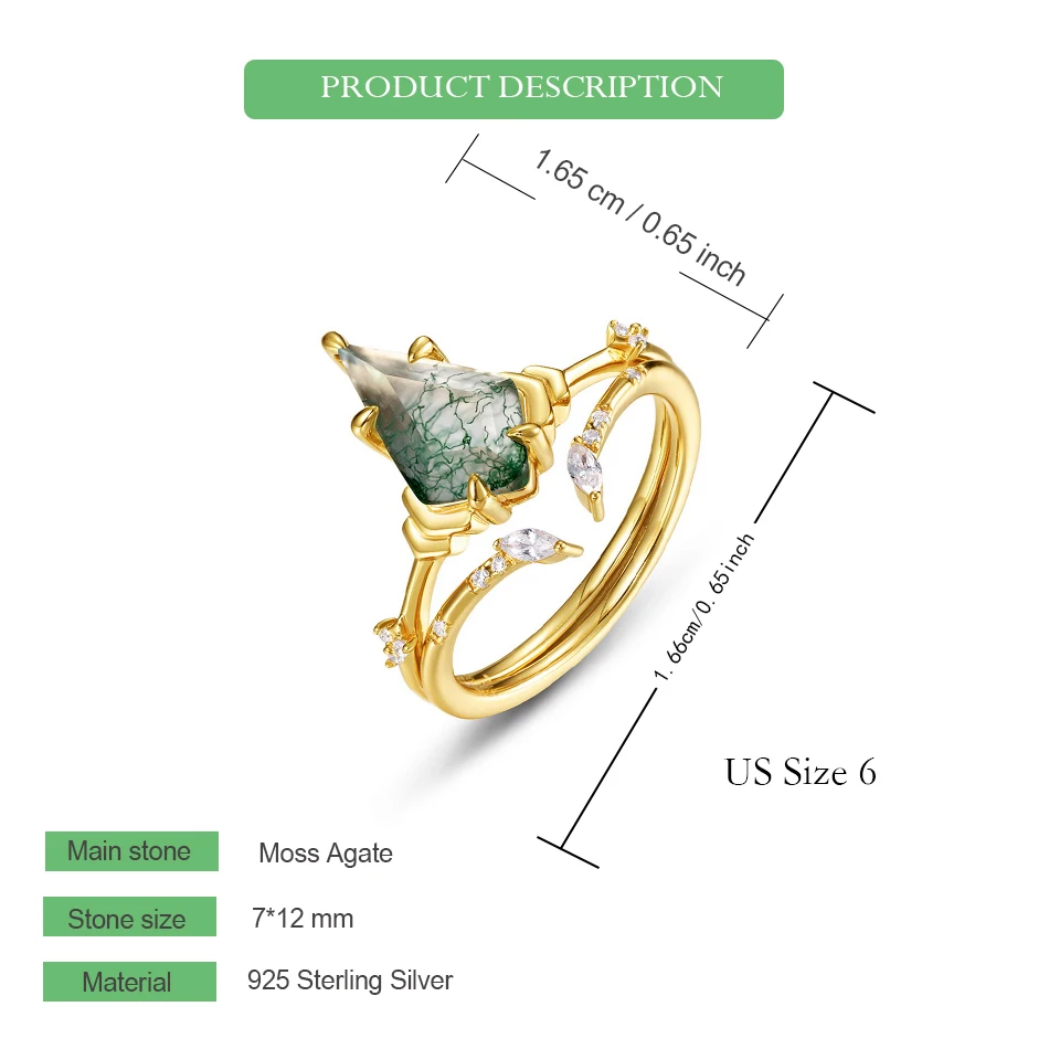 WES 925 Silver Kite Cut Natural Green Gem Ring Set for Woman With Unique Moss Agate Engagement Luxury Jewelry Gift Wholesale