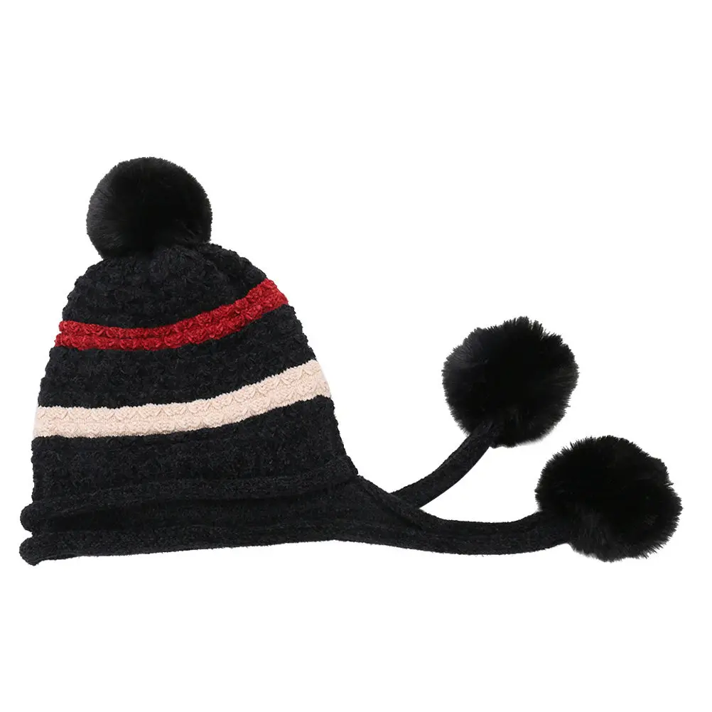 

Стильная вязаная шерстяная шапка для женщин, черная, универсальный размер, теплая зимняя шапка с тремя помпонами, женская вязаная шапка