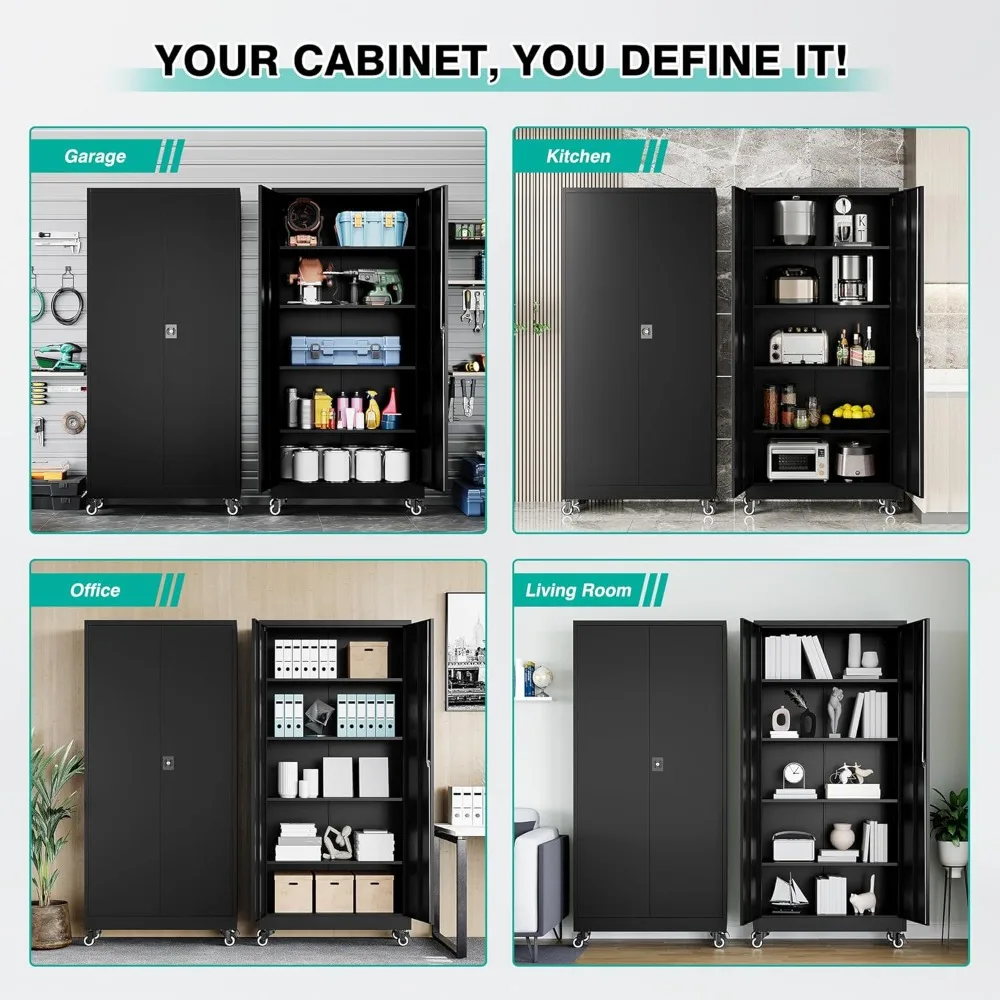 SISESOL Metal Storage Cabinet with Wheels,75 inch Tall Rolling Garage Storage Cabinet with Lock,Black Metal Cabinets with Wheels