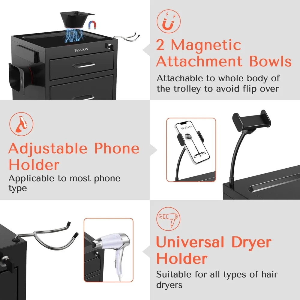 TASALON Salonwagen mit Rollen, 2 Magnetschüsseln und Schubladen |   Mobile Friseurstation zur Aufbewahrung von Werkzeugen, rollende Orga