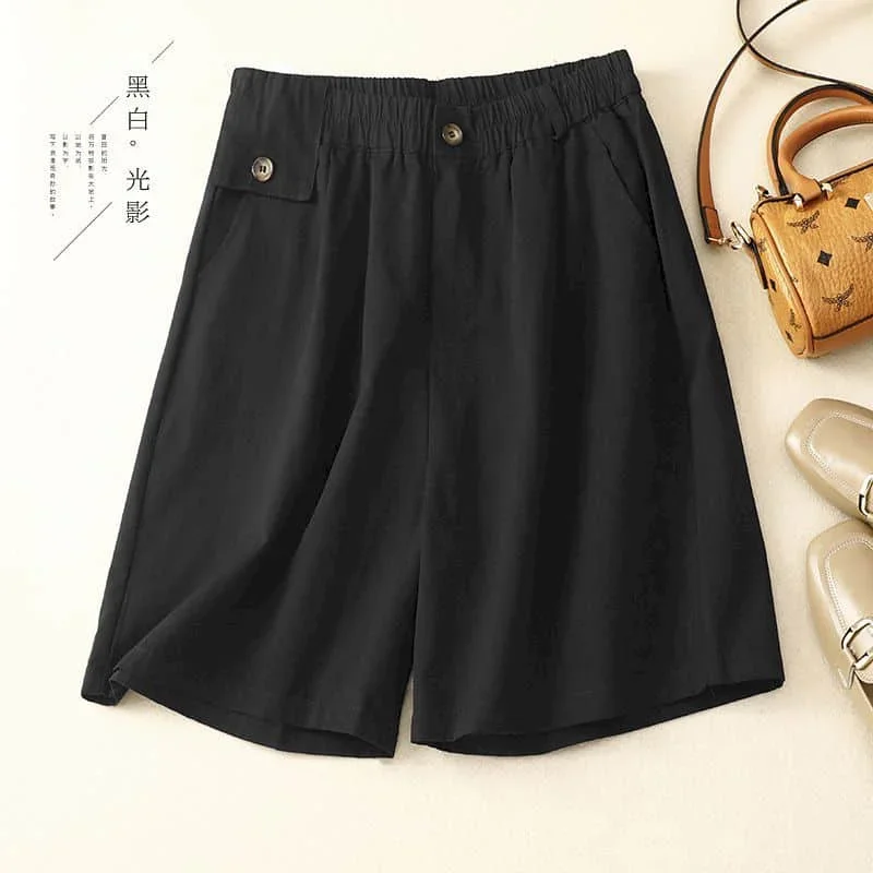 

Хлопковые льняные шорты, женские летние повседневные брюки большого размера с эластичной резинкой на талии, женские винтажные свободные однотонные широкие брюки в корейском стиле