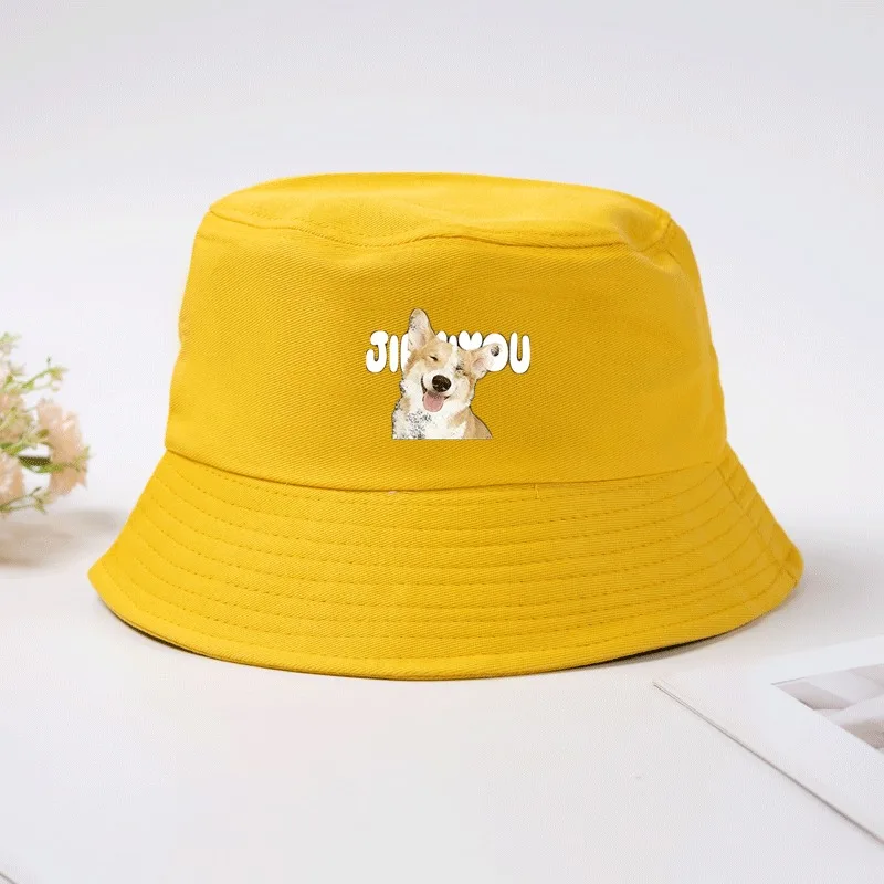 Corgi Dog Print Bucket Hat Cotton Summer Fisherman Cap Cute Smiling Puppy Face Sun Hat Outdoor Beach Cap for Dog Lovers Unisex