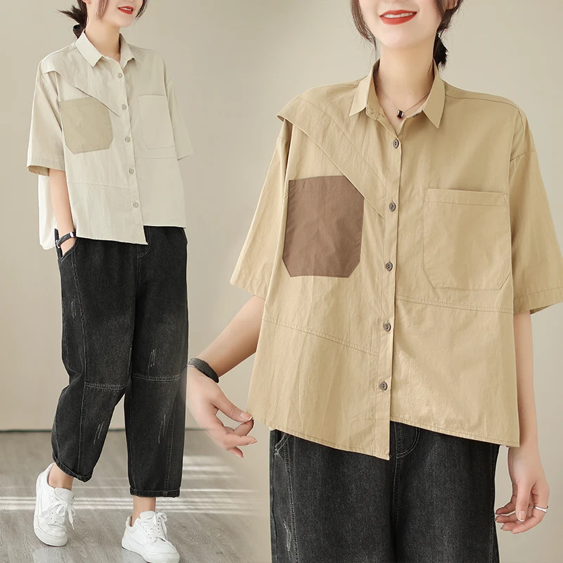 

Loose Fit Pure Cotton Short Sleeve Shirt Casual Large Size Asymmetrical Top Trendy Women's Fashion Comfortable Cotton Shirt