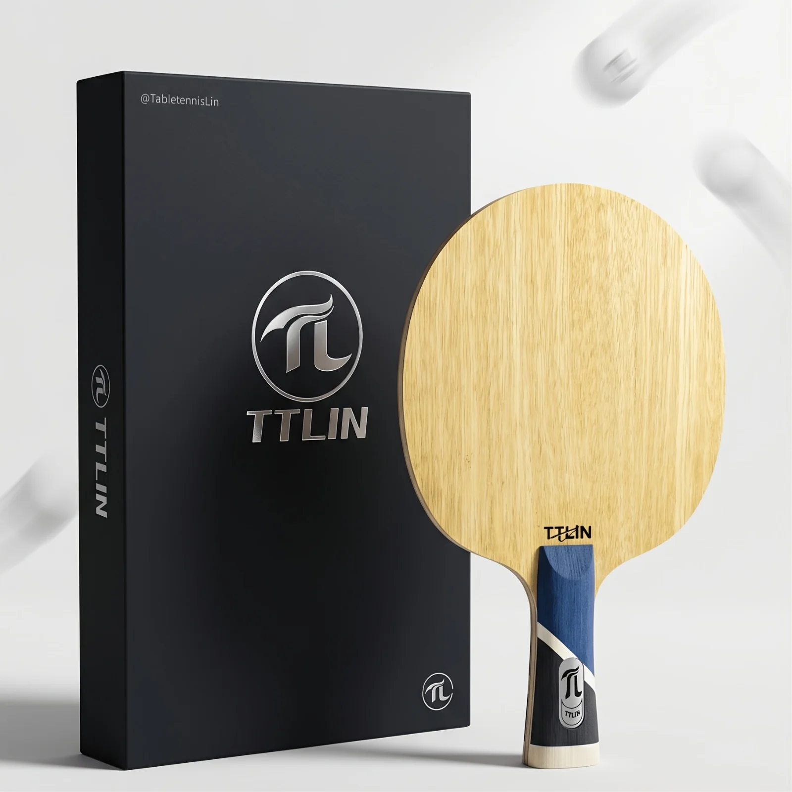 TTLIN T2 Fast Attack Enhanced All-Round Table Tennis Blade for Competition, White Diagonal Stripe Blue-Black Handle, Metal Badge