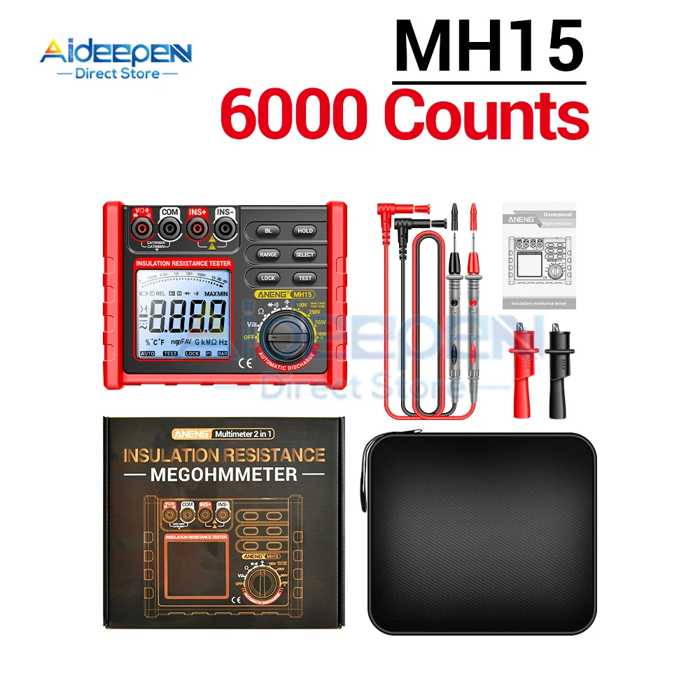 MH15 مقياس المقاومة الرقمي العزل المقاومة متر 6000 عدد المقاوم اختبار مكثف اختبار Megohmmeter أداة الجهد العالي