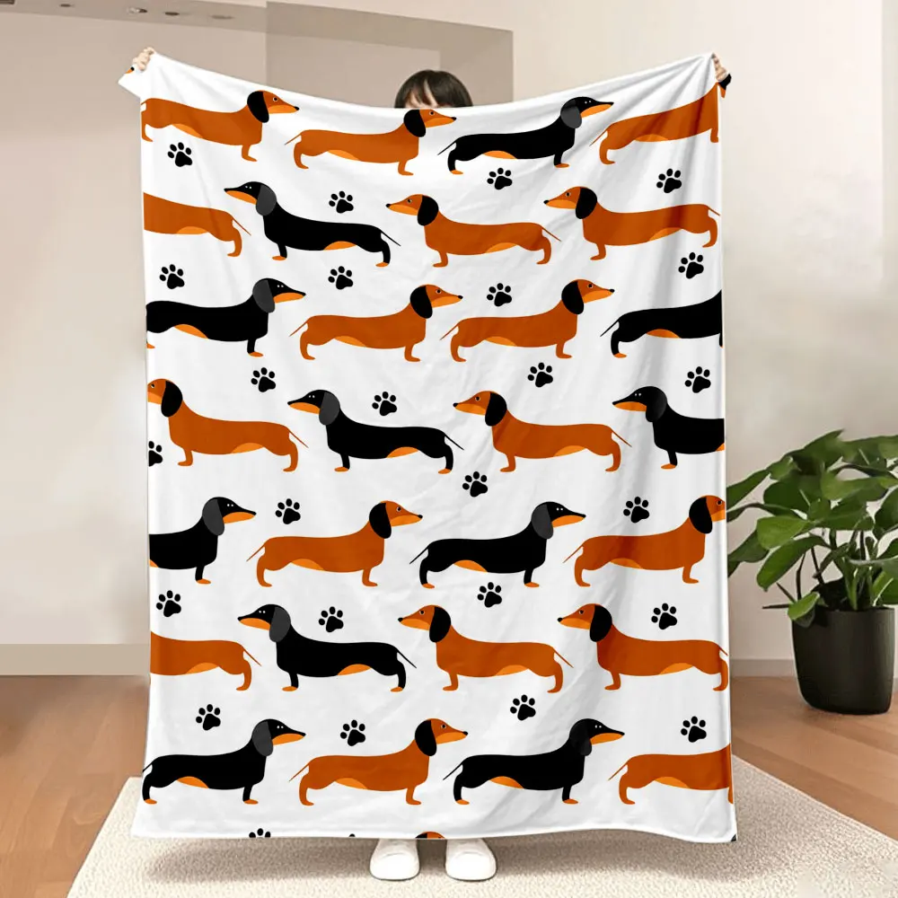 Manta con estampado de perro salchicha: diseño juguetón y estilismo con estampado de patas y perro color tostado negro, suave y acogedor para sofá cama, perfecto para mascotas