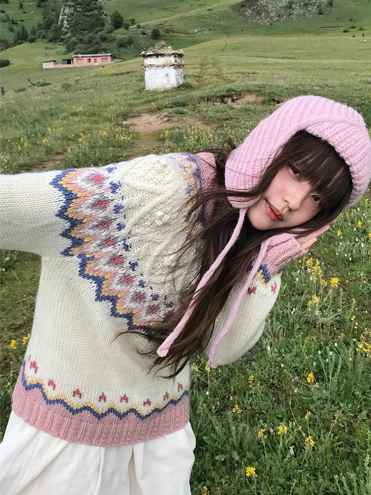 108cm Bust Women Fall Winter Warm Wool Pullovers Sweaters Elegant Loose Vintage Iceland Fair Isle O-Neck Knitted Sweaters