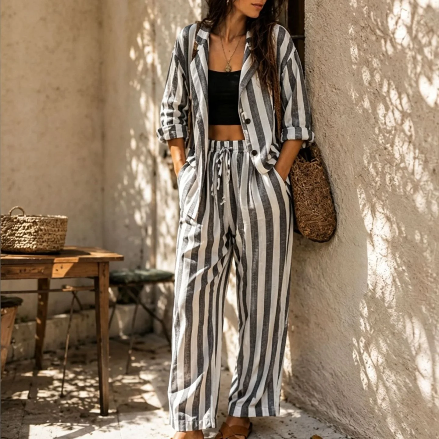 Two-piece Set 2026 Cross-border Amazon Independent Station Europe And America Autumn Fashion Holiday Striped Shirt Top Loose Pan