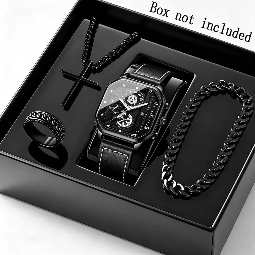 4Pcs Men Watch Set, Square Dial Pu Leather Quartz Watch, Necklace, Bracelet, Vintage Ring, Fashion Casual Business Watch Gift
