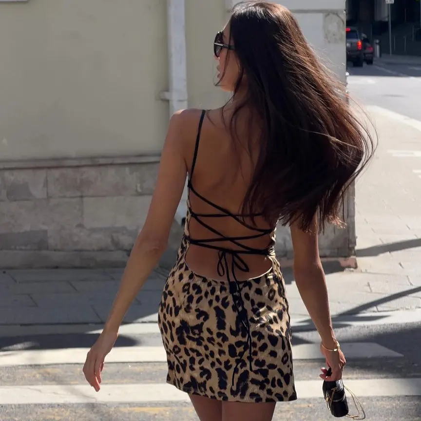 Women Leopard Print Spaghetti Strap Mini Dress Summer Square Neck Slim Fit A‑Line Short Dresses Y2K Streetwear Party Club Night