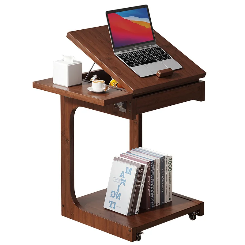 Mobile small coffee table, bedroom living room sofa side table, flip bedside table household with wheel side table