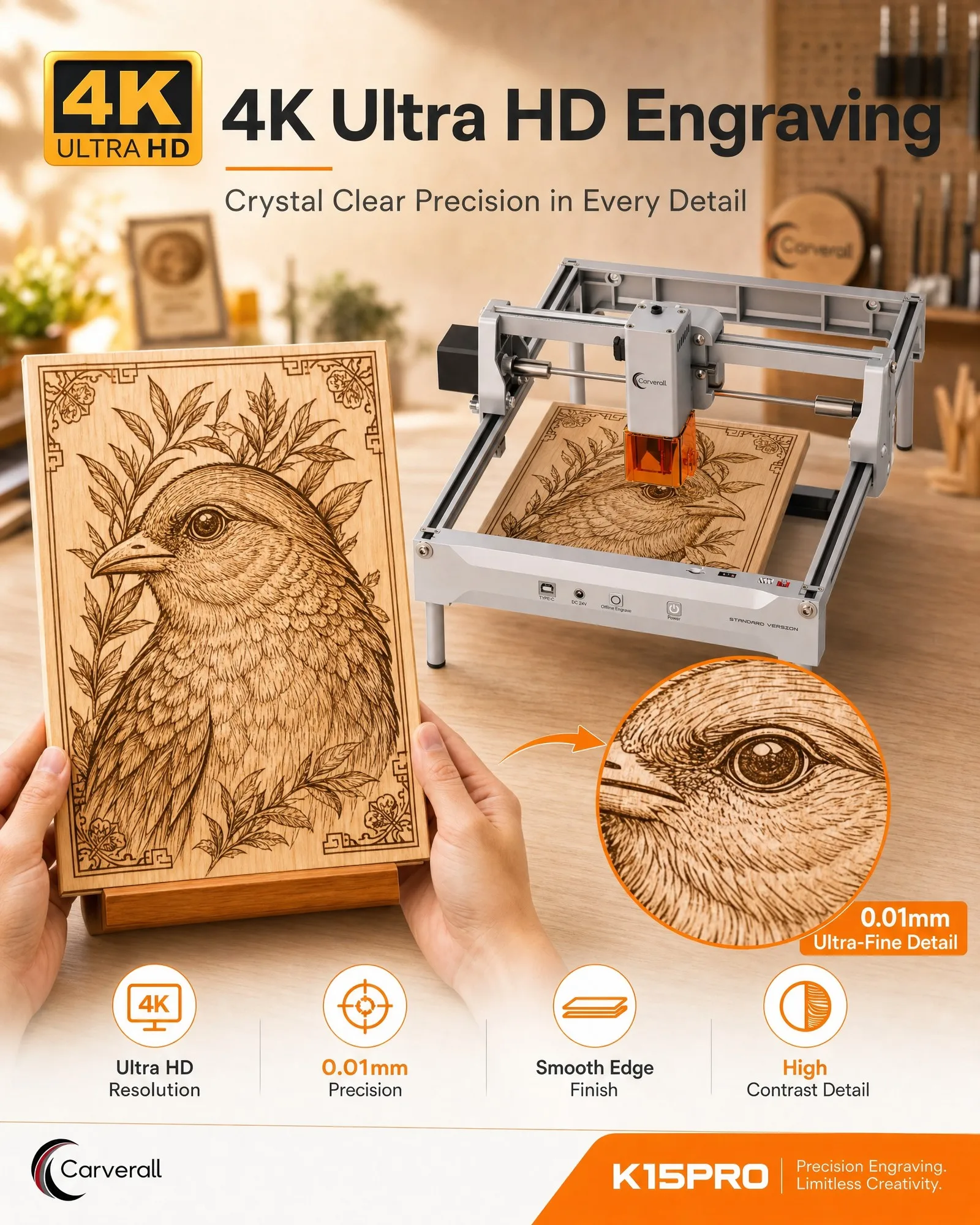 Carverall K15PRO 7W 12W Lasergravurmaschine Laserschneider und Gravierer Diodenlaser-Gravurmaschine für Holz Acryl Leder Metall Hochpräzise A4 Arbeitsfläche DIY Handwerk Personalisierte Geschenke Kleinunternehmen Heimwerkstatt – Detail 2