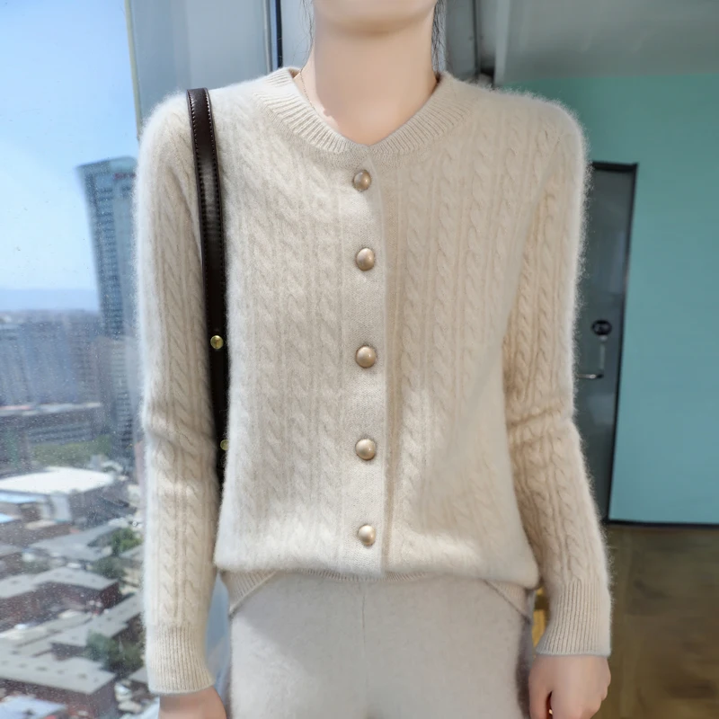 Autumn and winter 100% pure wool ladies warm sweater stand collar cardigan new padded cashmere casual knit top.