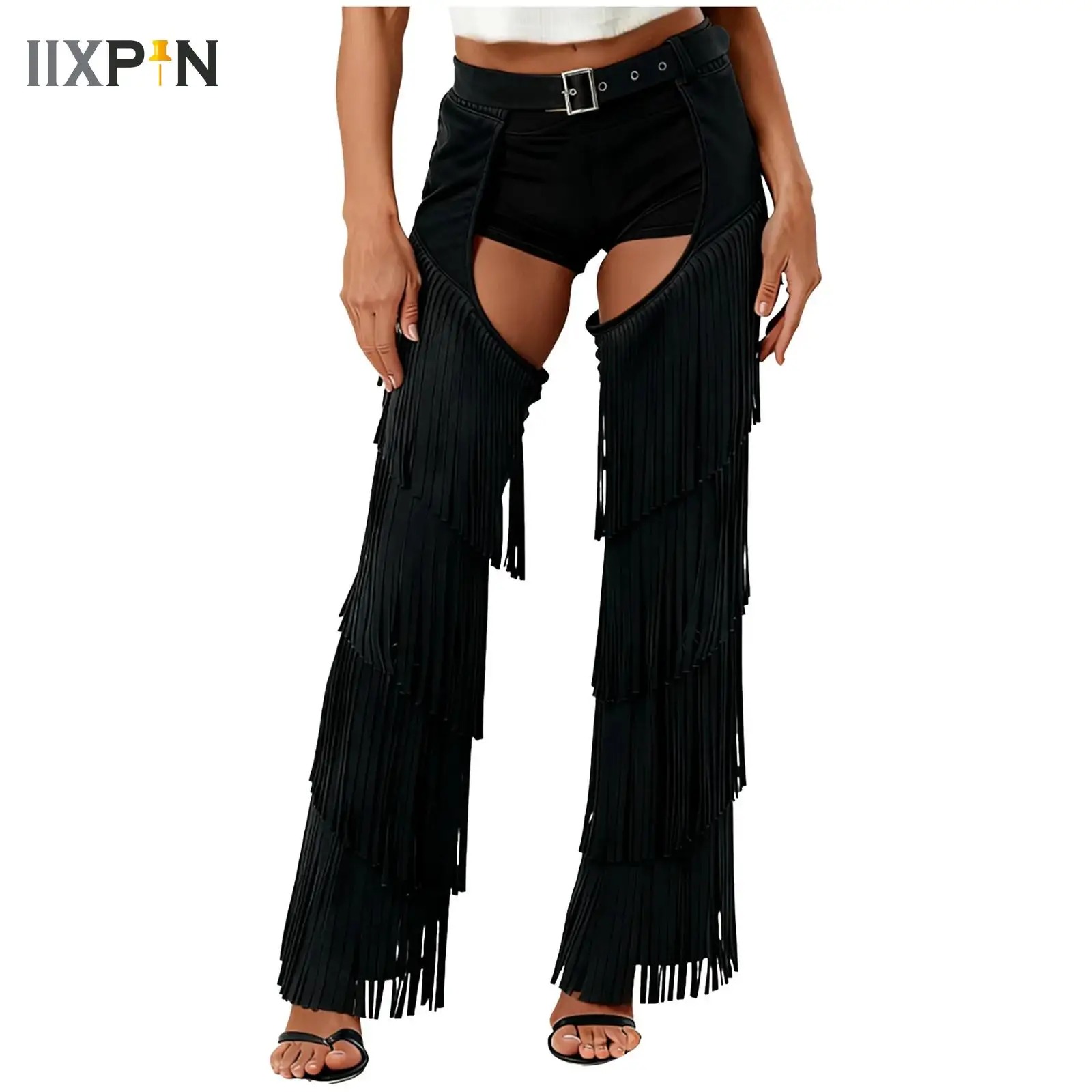 

Womens Cowboy Cowgirls Flannel Long Pants Adjustable Waist Open Crotch Biking Riding Cowgirl Chaps Halloween Cospaly Costume