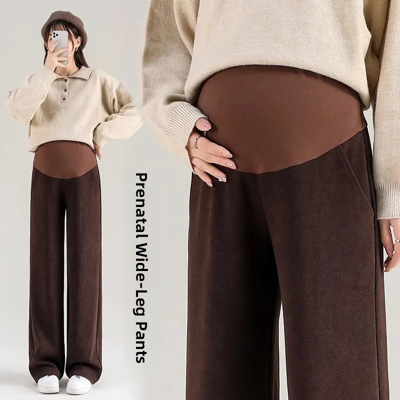 

Pregnant Women Comfortable Wide Leg Pants Thickened Fleece Autumn Winter Style Casual Straight Cut Outerwear Trousers