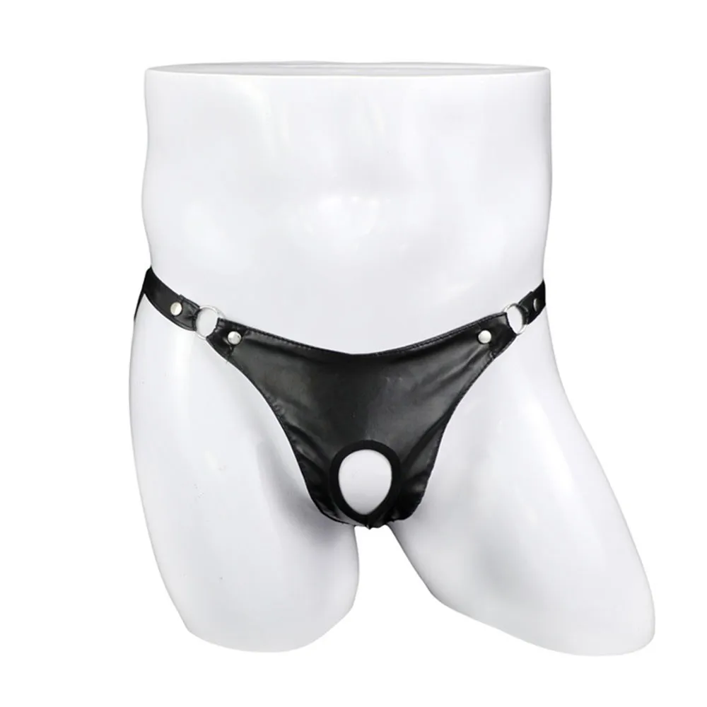 Men PU Faux Leather Underwear Metal Ring Thongs G String Jockstrap Underpants Sexy Man Thong Panties