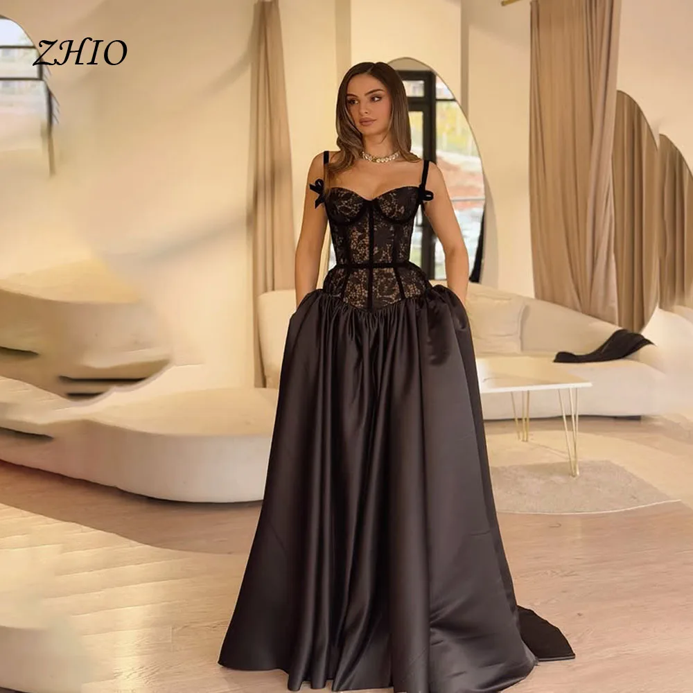 فساتين زفاف ZHIO سوداء أنيقة مزينة بالدانتيل بدون أكمام بحزام سباغيتي فستاين سهرة/فساتين الحفلات مخصصة من Vestidos De Novia