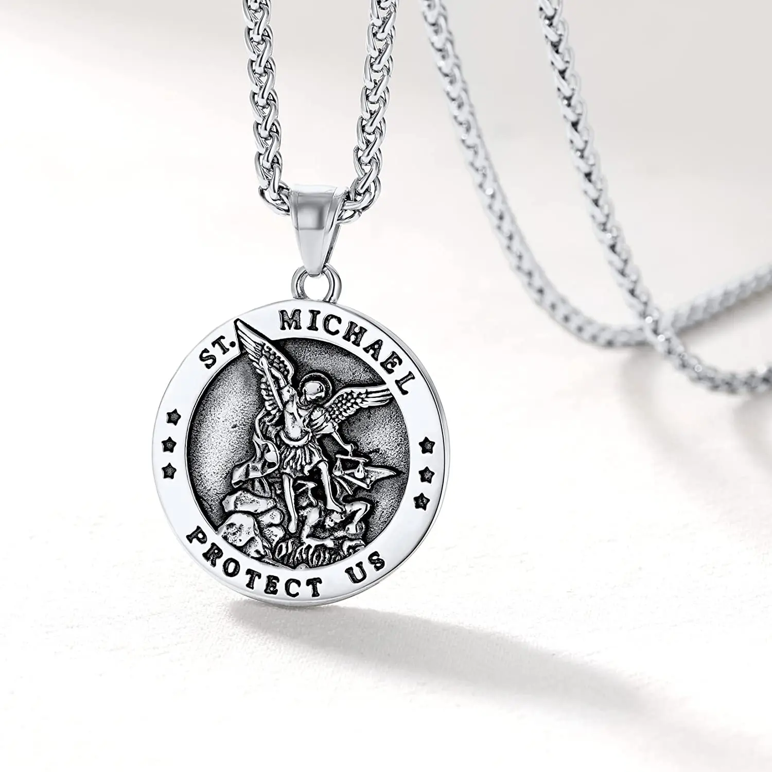 U7 St Michael Medal Necklace Stainless Steel Catholic Amulet Pendant Archangel Jewelry for Men