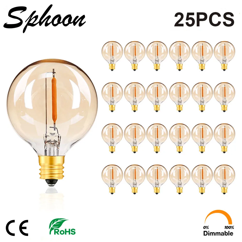 25pcs LED G40 1W String Replacement Light Bulbs E12 Warm White 2200K Glass Light Bulbs 110V 220V Dimmable Outdoor String Light