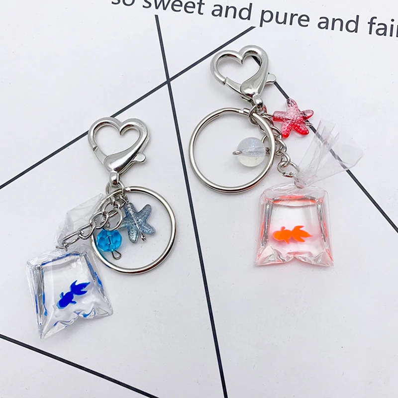 Y2K Creative Simulated Goldfish Bag Keychain Starfish Heart Keyring For Girls Backpack Pendant Bag Charm Keycord