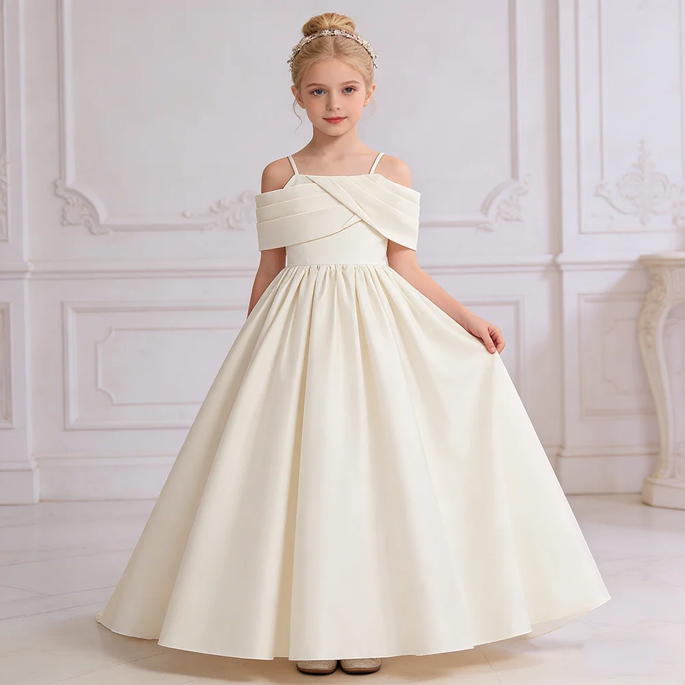 2026 new flower girl skirt, suspender one-shoulder long skirt, pleated tail princess skirt, girl piano catwalk performance skirt