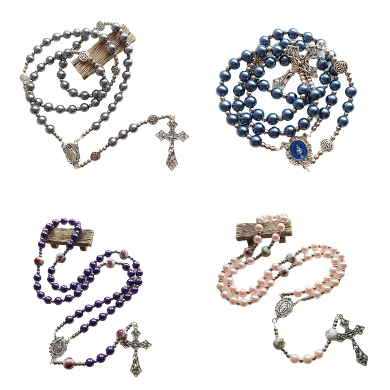 Long Chain Beaded Necklace Holy Card & Crucifix Pendant Rosary Glass Beads