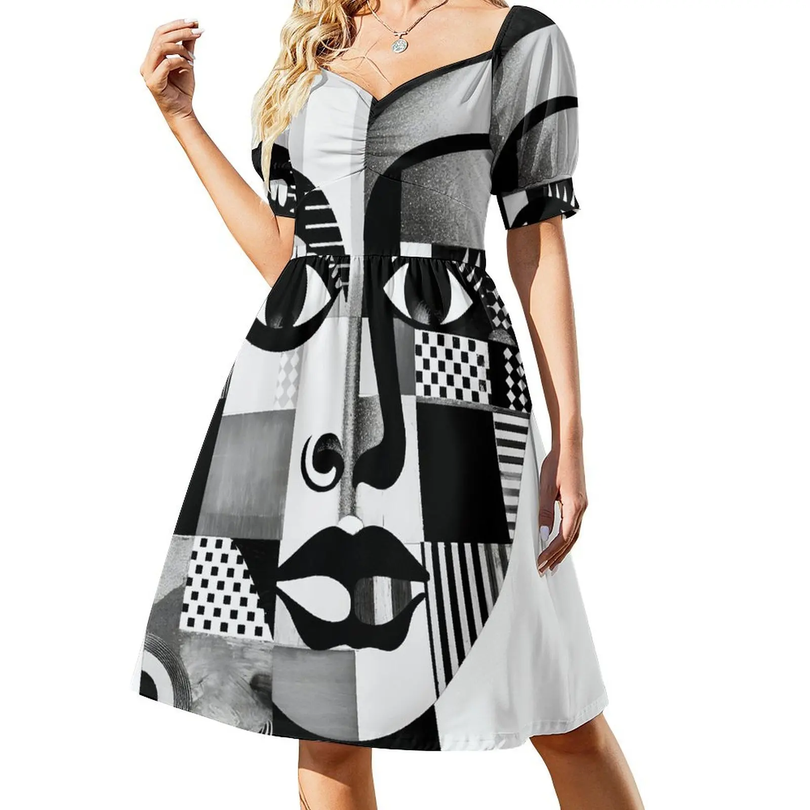 

Face Cubism Woman Painting Black and White Modern Abstract Art, Patchwork Short Sleeved Dress Party dresses Dress