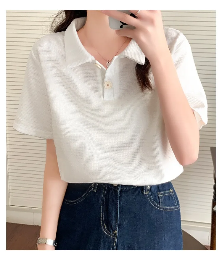 

Korean Style Polo Shirt Short-sleeved T-shirt Women's Summer 2024 New Design Waffle Lapel Solid Color Bottoming Top T-shirt