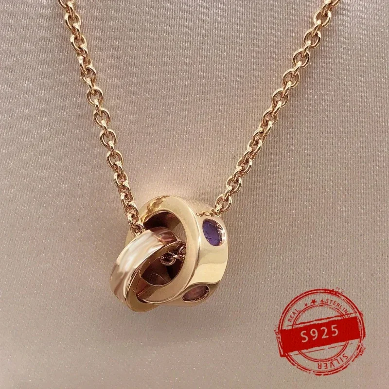 2024 New 1:1 Customized Hot Selling Brand S925 Silver Double Ring Gemstone Women's Necklace Fashion Trend Birthday Party Gift