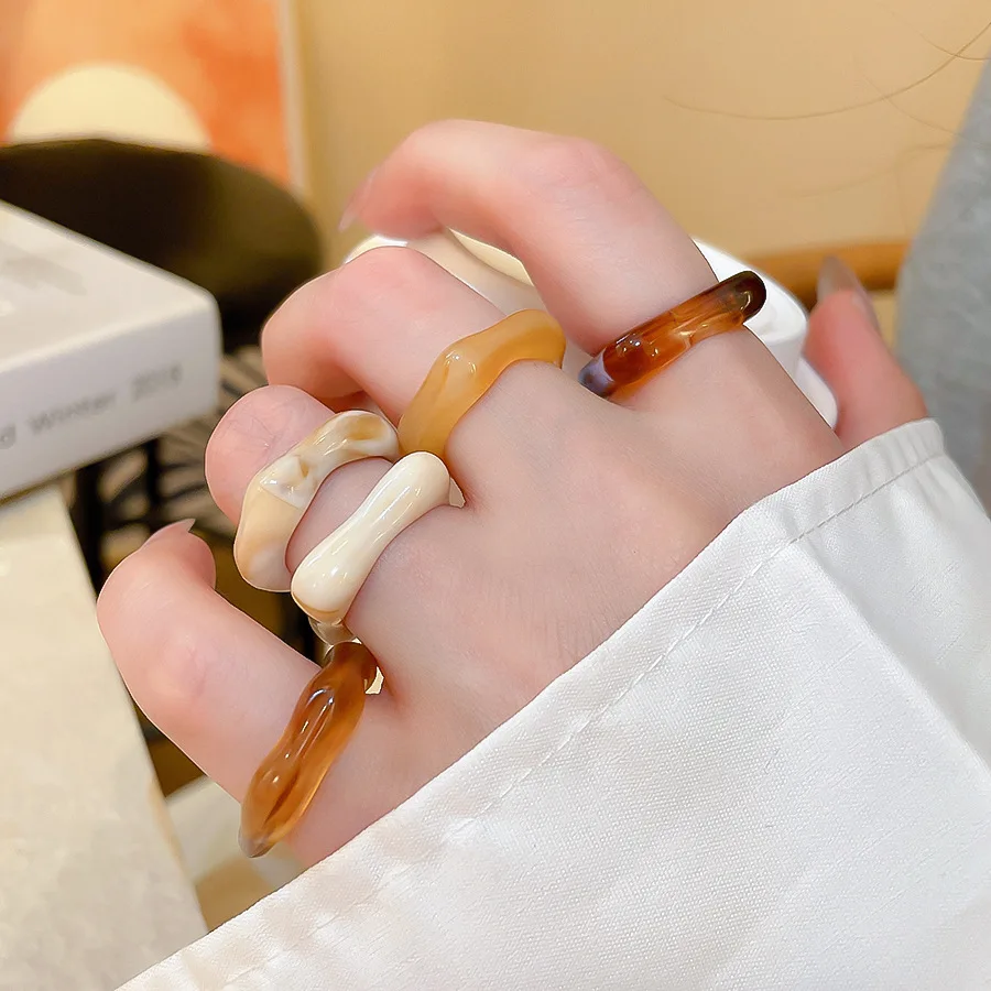 5PCS SET Trendy Colorful Geometric Irregular Acrylic Resin Rings For Women Aesthetic EMO Charm Jewelry Accessories Decorations view 6