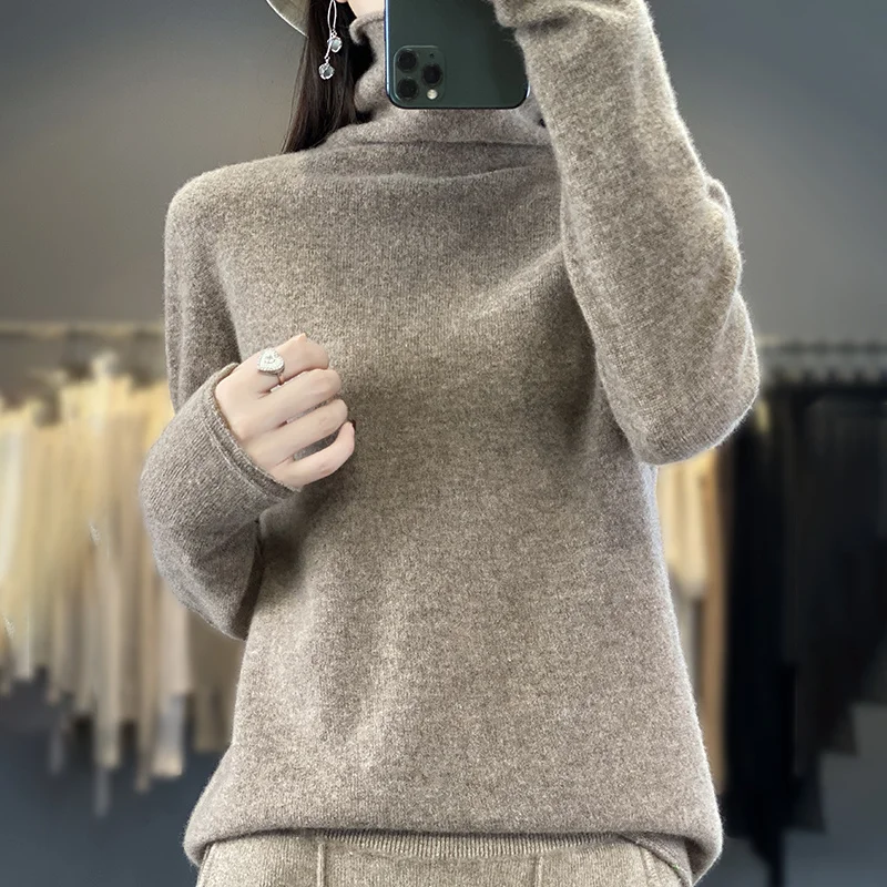 2025 100% 메리노 울 스웨터 우아한 캐시미어 풀오버 여성 파일 칼라 긴팔 니트웨어 기본 의류 점퍼 탑
