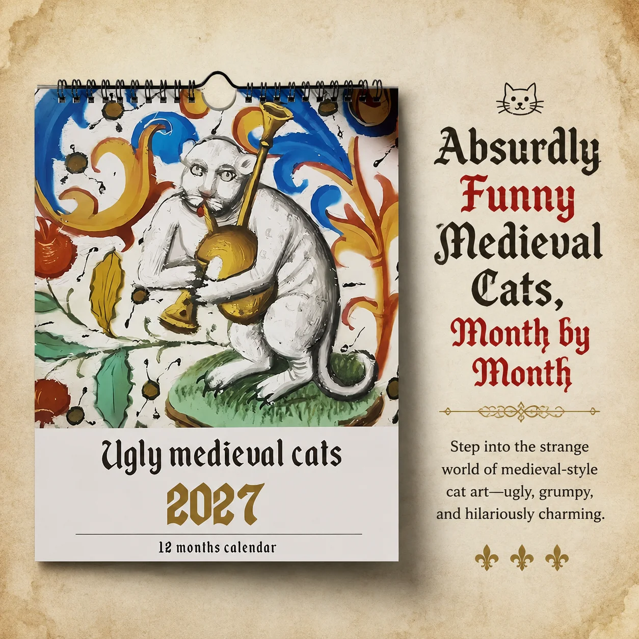 Ugly Medieval Cats Calendar 2027 Funny Calendar 2027 Weird Historical Cats Monthly Planner for Wall Art Gag Gift for Cat Lovers